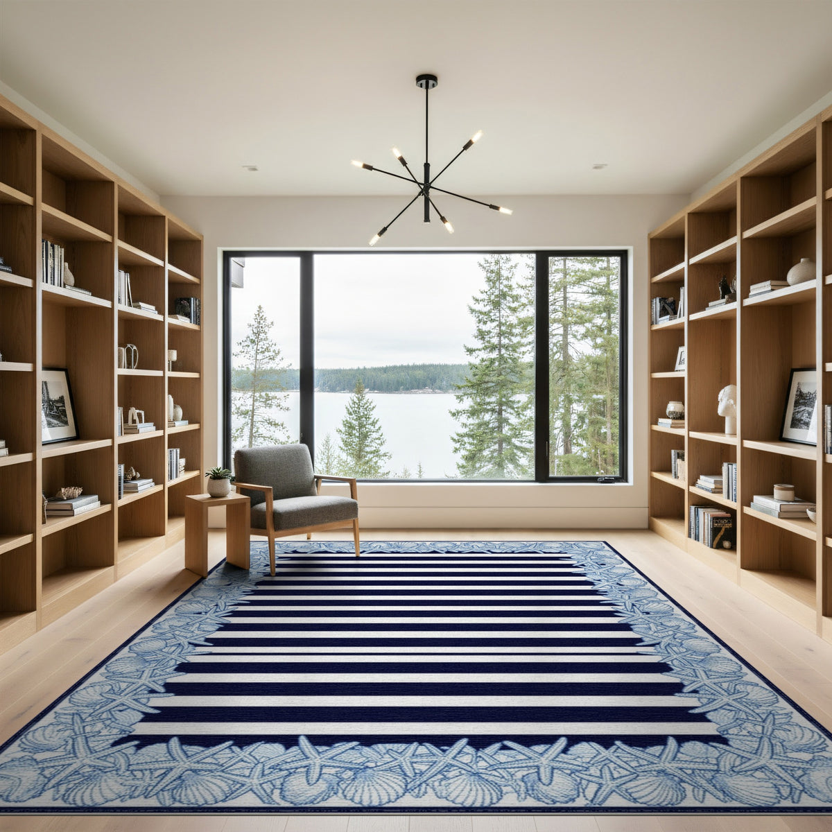 Navy Striped Coastal Area Rug with Seashell Starfish Border