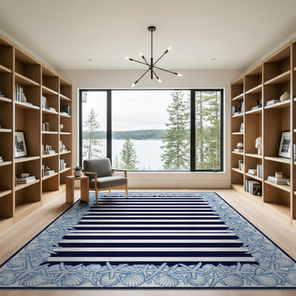 Navy Striped Coastal Area Rug with Seashell Starfish Border