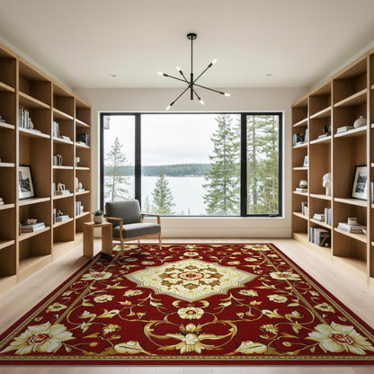 Red Floral Persian Area Rug with Ivory Medallion
