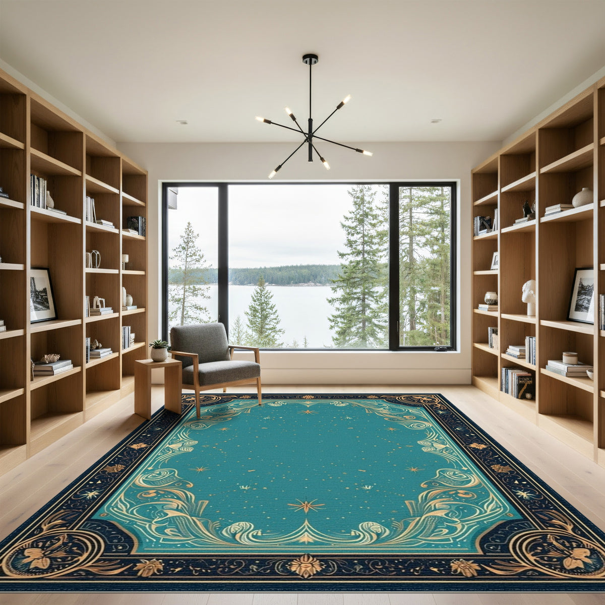 Teal Floral Vintage Area Rug with Gold Border