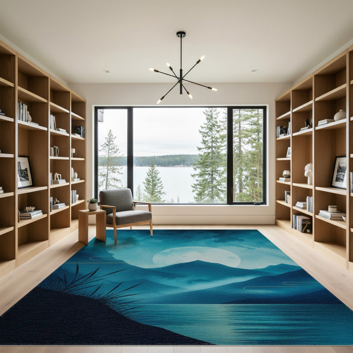 Blue Teal Moonlit Mountains Washable Area Rug