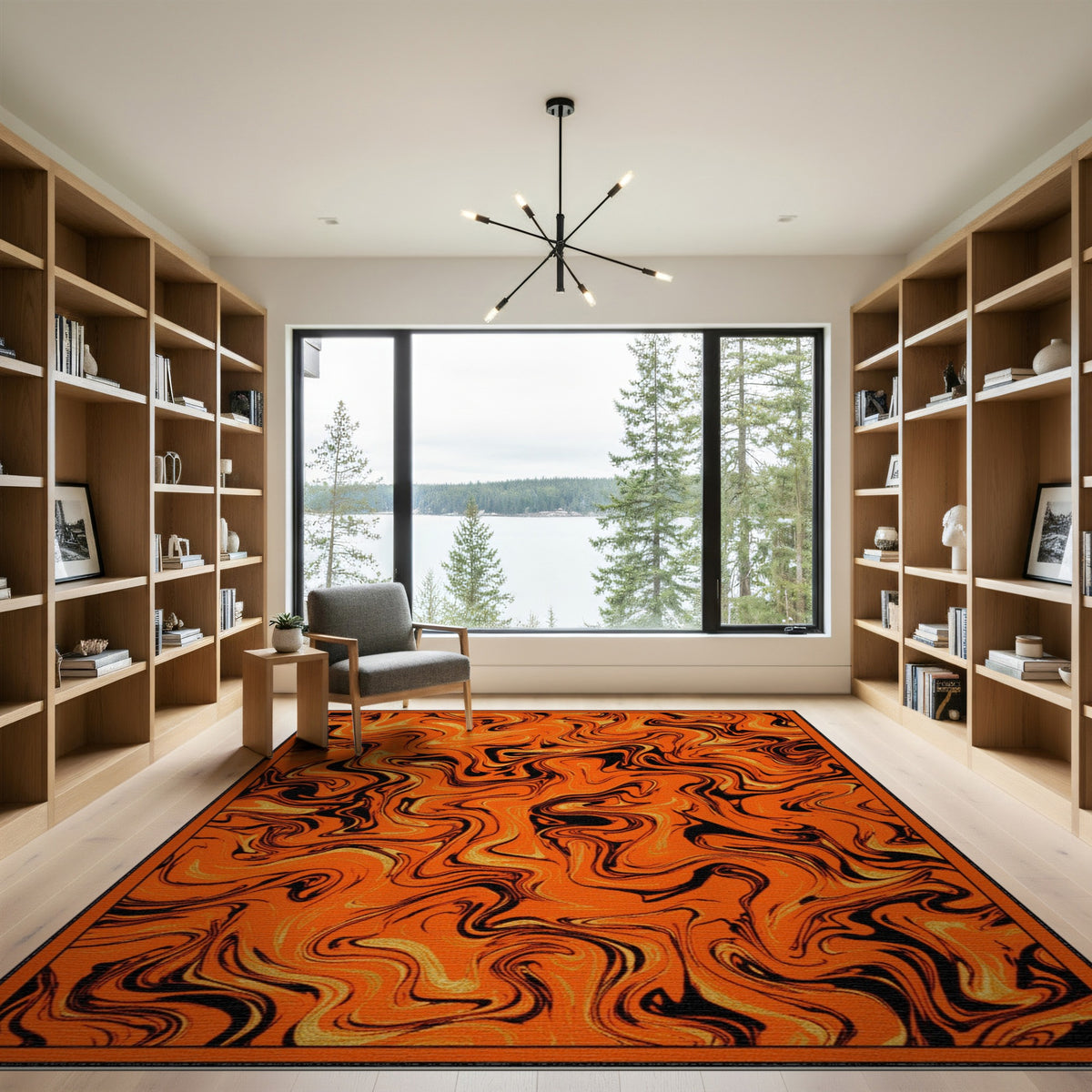 Abstract Area Orange Black Marble Swirl Area Rug
