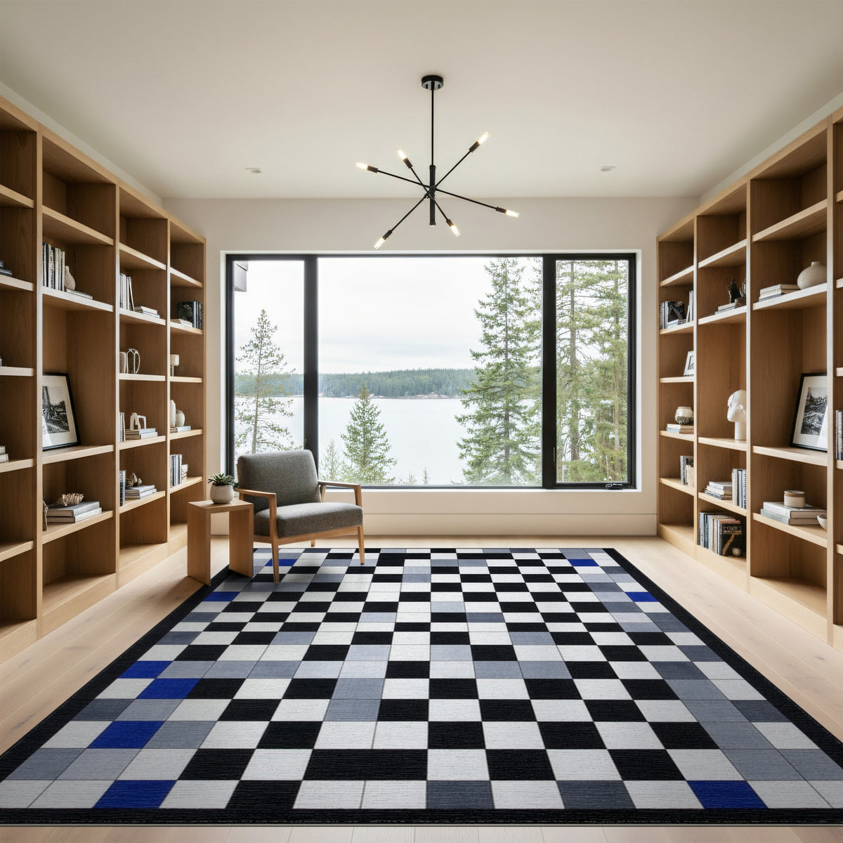 Black White Geometric Area Rug with Blue Accents