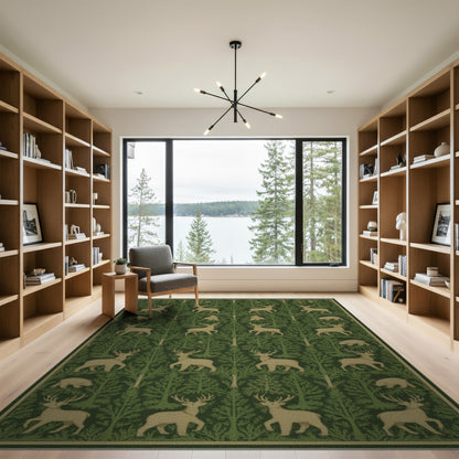 Green Forest Deer Bear Rustic Area Rug