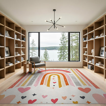 Kids Cartoon Multi-color and Patterns Rainbow Hearts Kids Area Rug