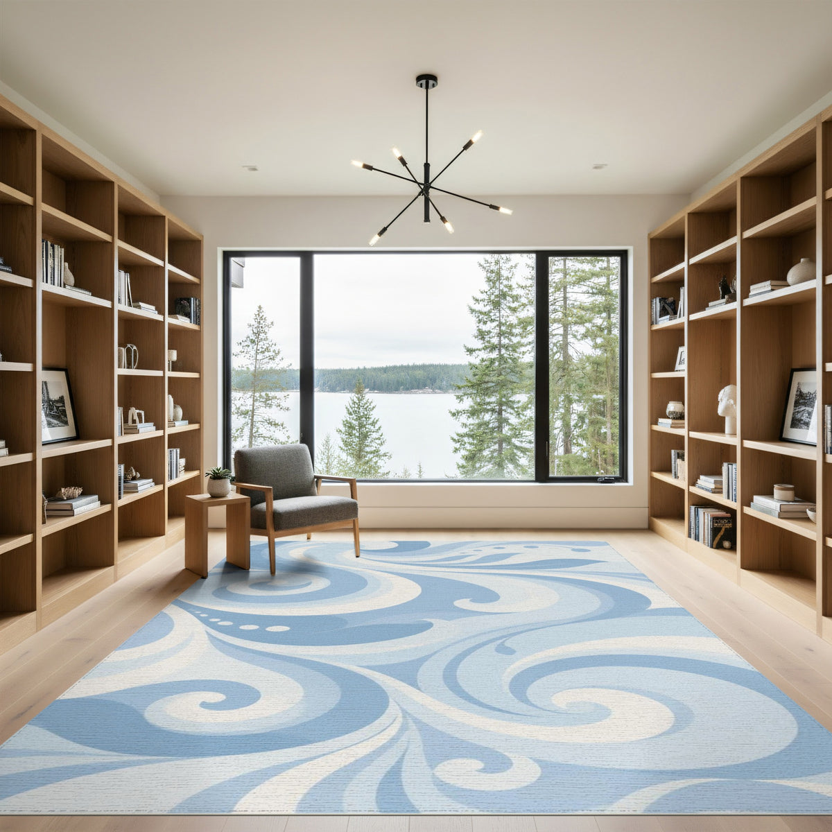 Blue and Teal Blue Swirl Abstract Washable Area Rug