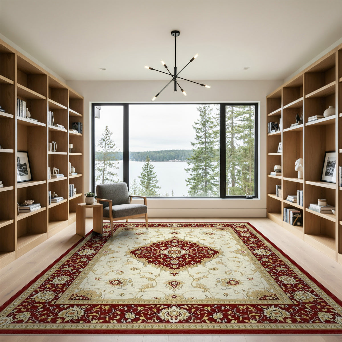 Red Persian Floral Area Rug with Ivory Center