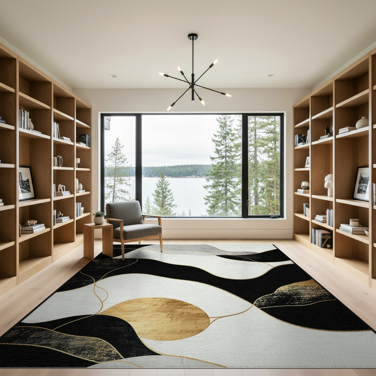 Black White Abstract Gold Wave Area Rug