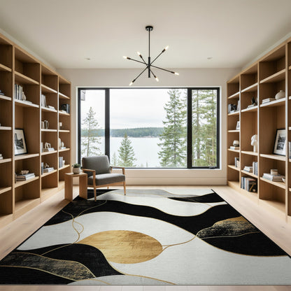 Black White Abstract Gold Wave Area Rug