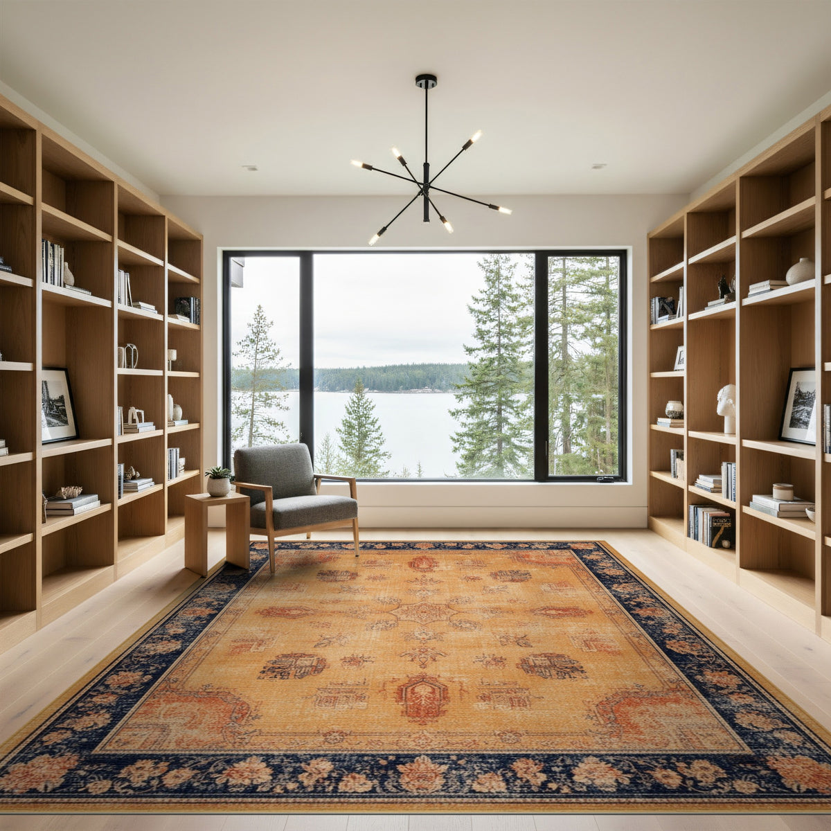 Beige Distressed Vintage Area Rug with Navy Border