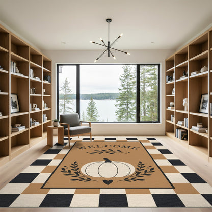 Pumpkin Welcome Checkered Brown Area Rug