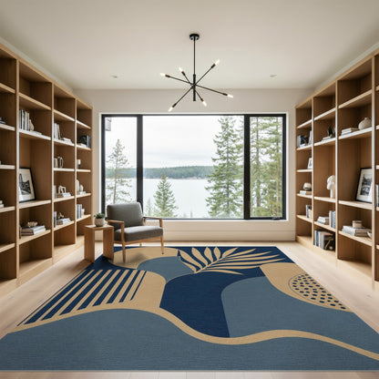 Blue Geometric Palm Leaf Area Rug