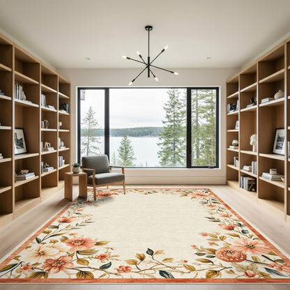 Beige and Neutral Vintage Peach Floral Beige Area Rug