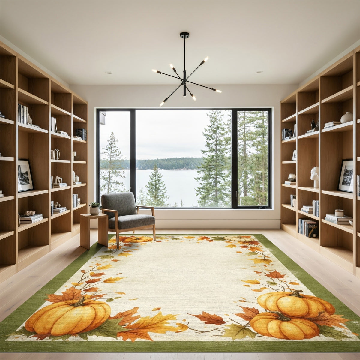 Brown and Tan Autumn Pumpkin Harvest Border Area Rug