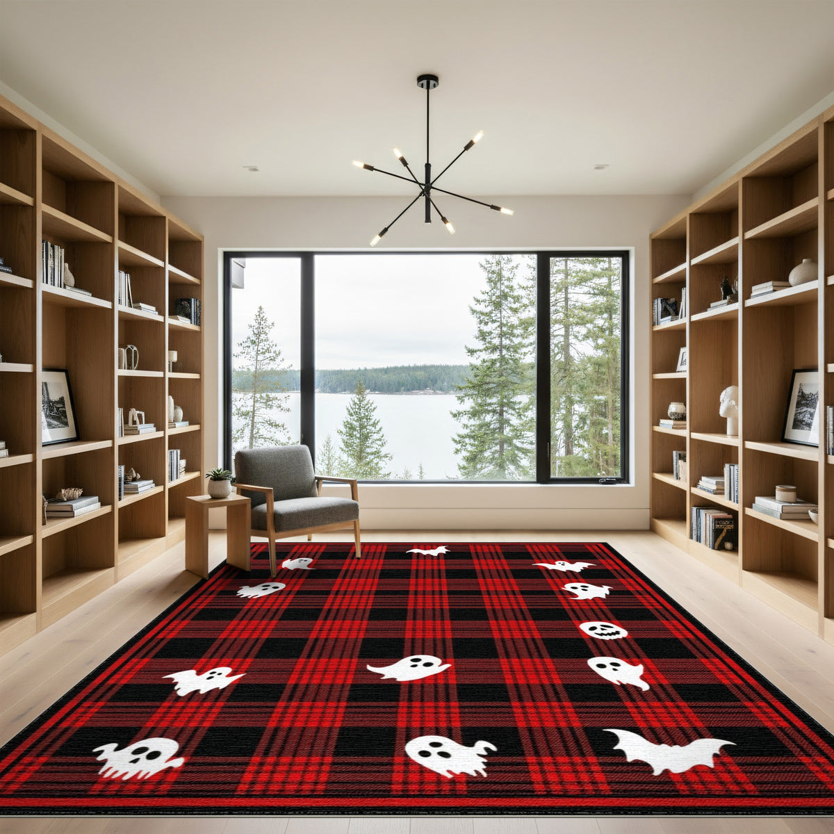 Red Plaid Halloween Ghost Bat Kids Rug