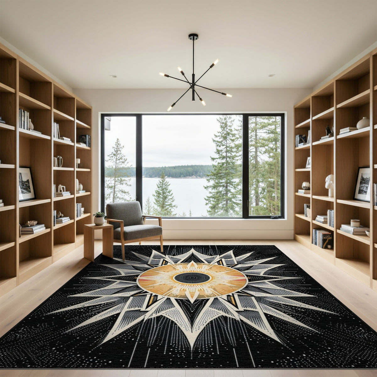 Black White Geometric Starburst Geometric Modern Area Rug