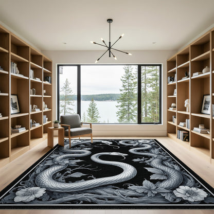 Floral Vintage Black White Serpent Floral Area Rug
