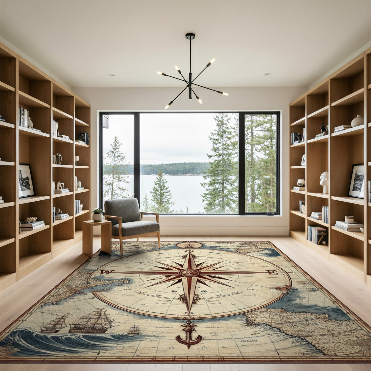 Brown and Tan Vintage Compass Map Area Rug