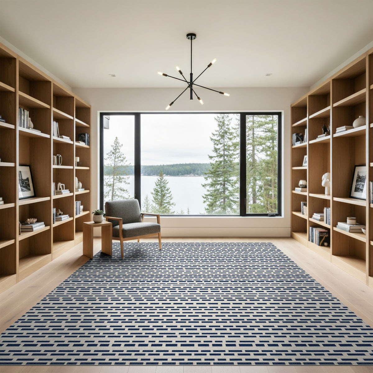 Navy Blue Geometric Striped Area Rug