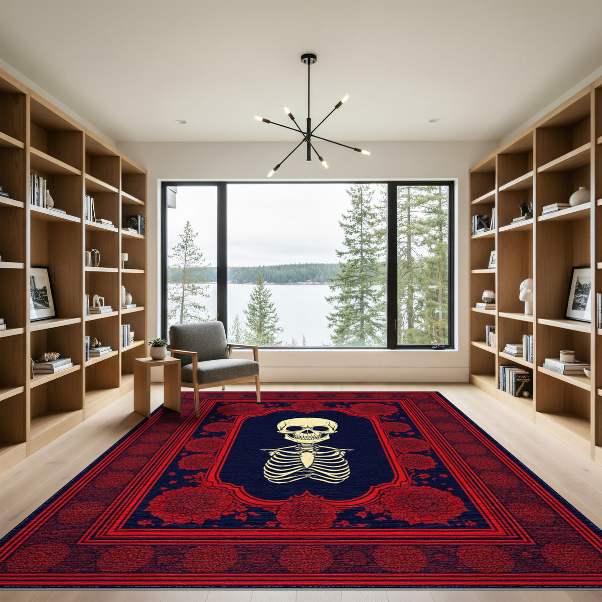 Red Floral Skeleton Area Rug