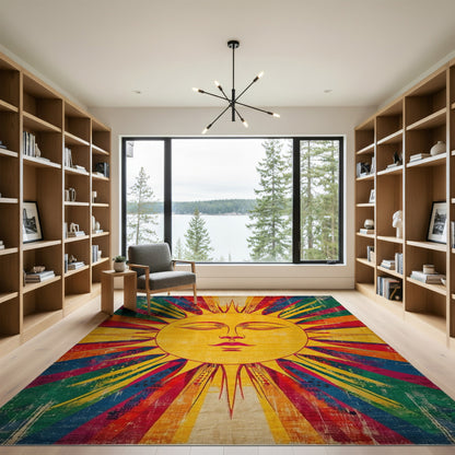 Vibrant Sun Face Distressed Vintage Rug