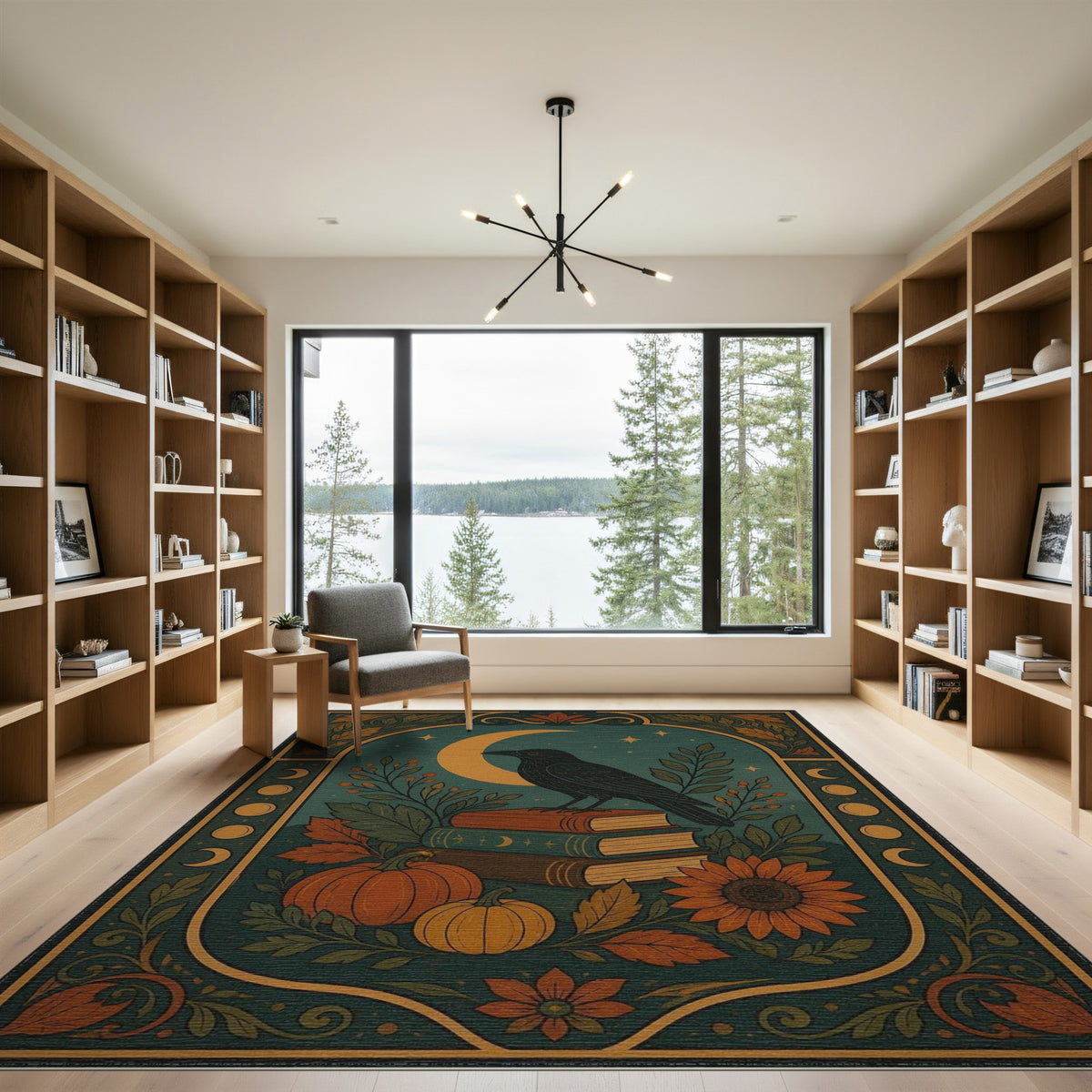Raven Books Pumpkin Teal Area Rug