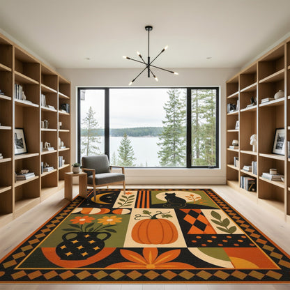 Multi-color and Patterns Black Cat Pumpkin Geometric Area Rug