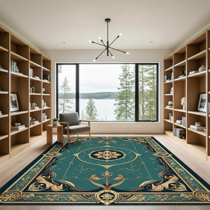 Blue and Teal Gold Persian Medallion Area Rug