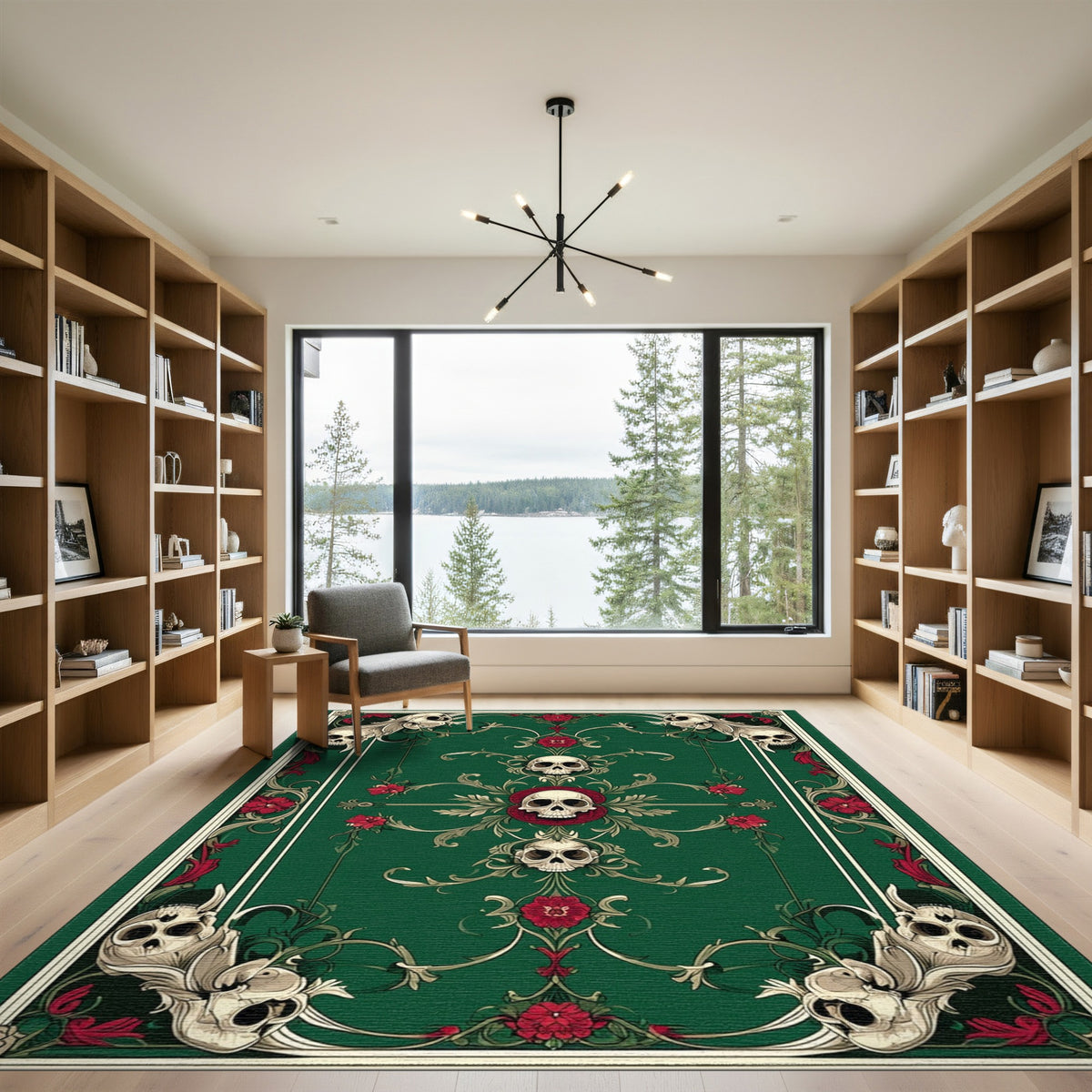 Dark Green Skull Floral Area Rug