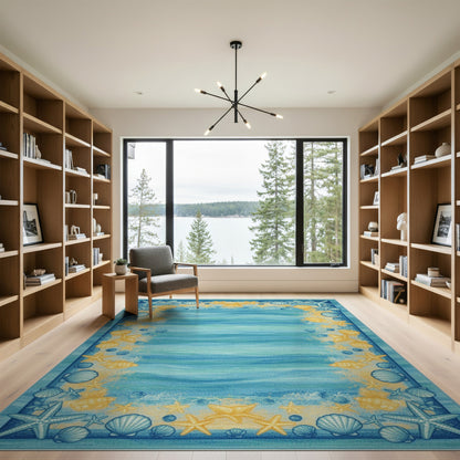 Coastal Blue Wave Seashell Starfish Area Rug