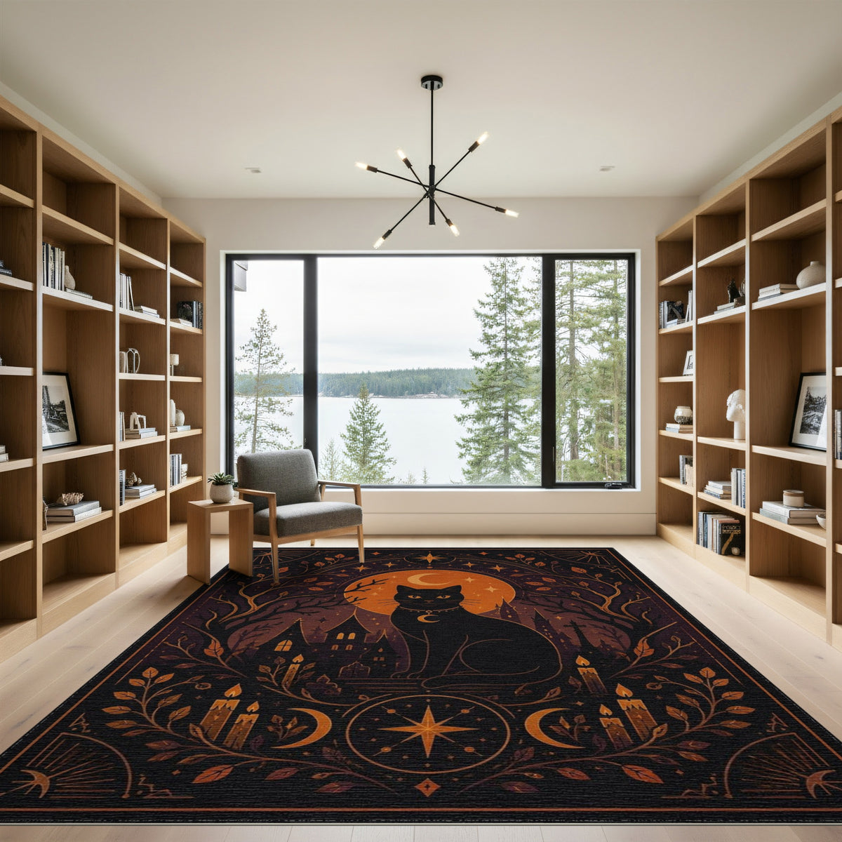 Black and White Mystical Black Cat Moon Area Rug
