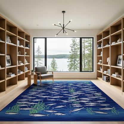 Blue Ocean Fish School Washable Area Rug