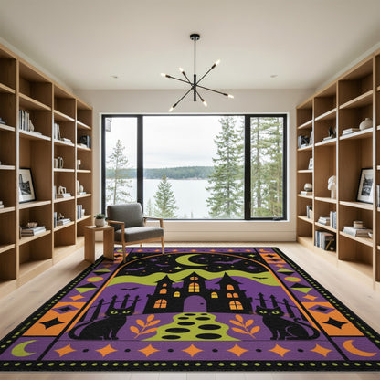 Spooky Halloween Castle Black Cats Area Rug