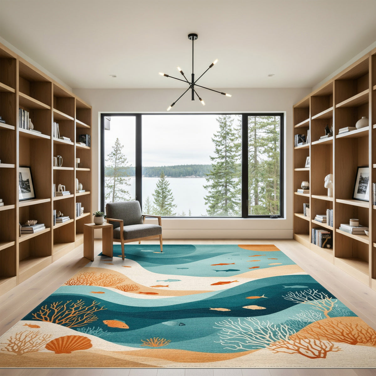 Blue Teal Ocean Fish Coastal Area Rug