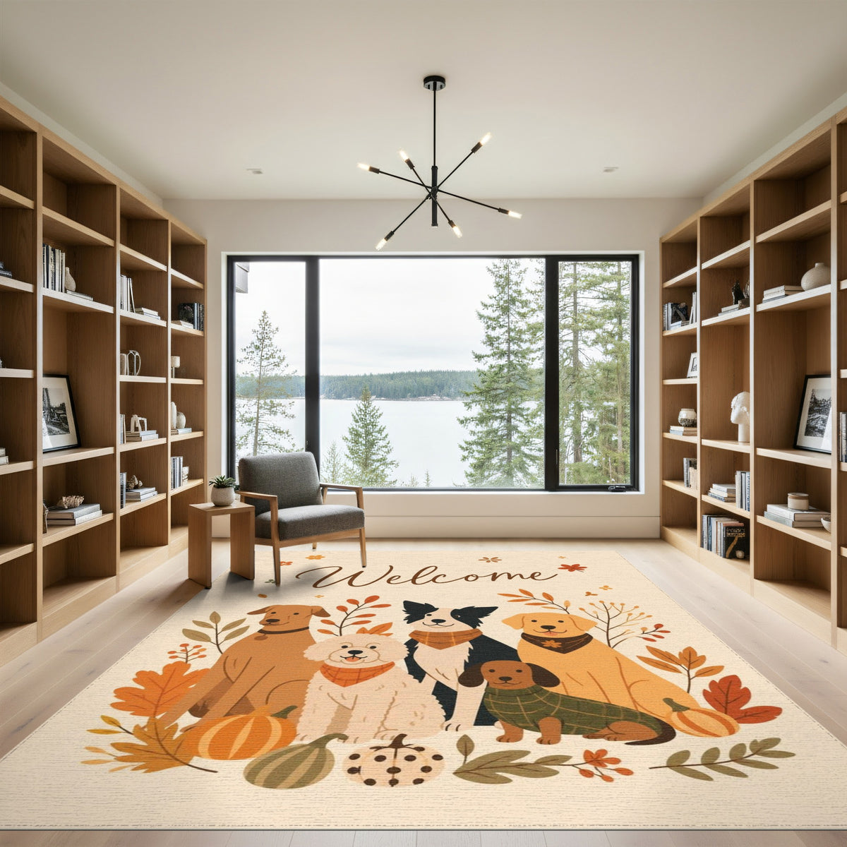 Brown and Tan Autumn Dogs Welcome Area Rug