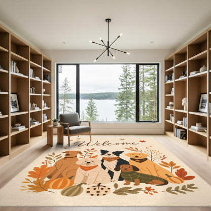 Brown and Tan Autumn Dogs Welcome Area Rug