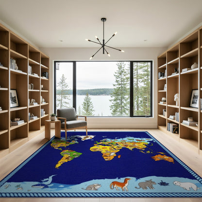 World Map Animals Kids Area Rug