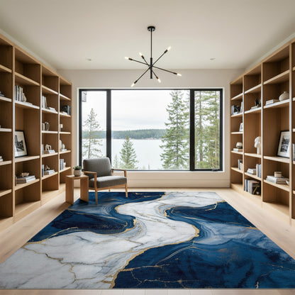 Navy Blue and Teal Navy Blue Gold Marble Abstract Area Rug