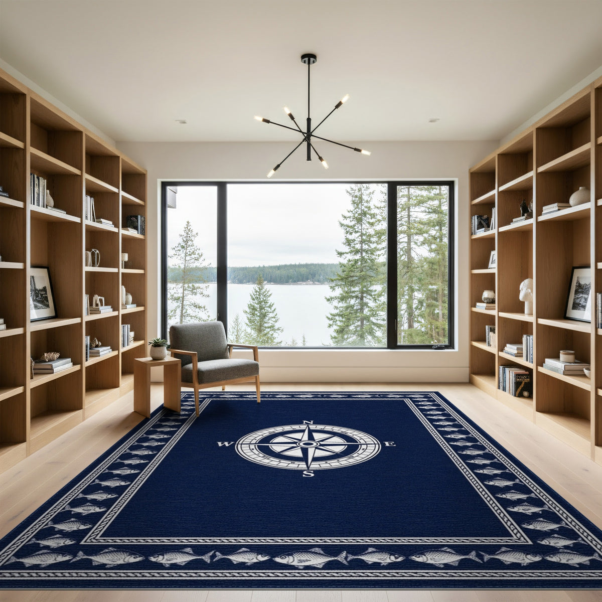 Navy Compass Fish Coastal Area Rug