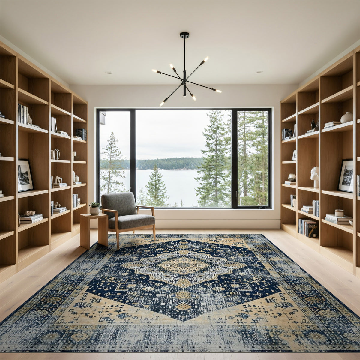 Navy Blue Distressed Vintage Medallion Rug