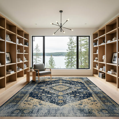 Navy Blue Distressed Vintage Medallion Rug