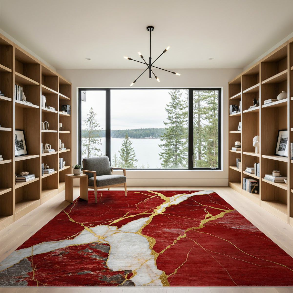 Red Marble Gold Vein Area Rug