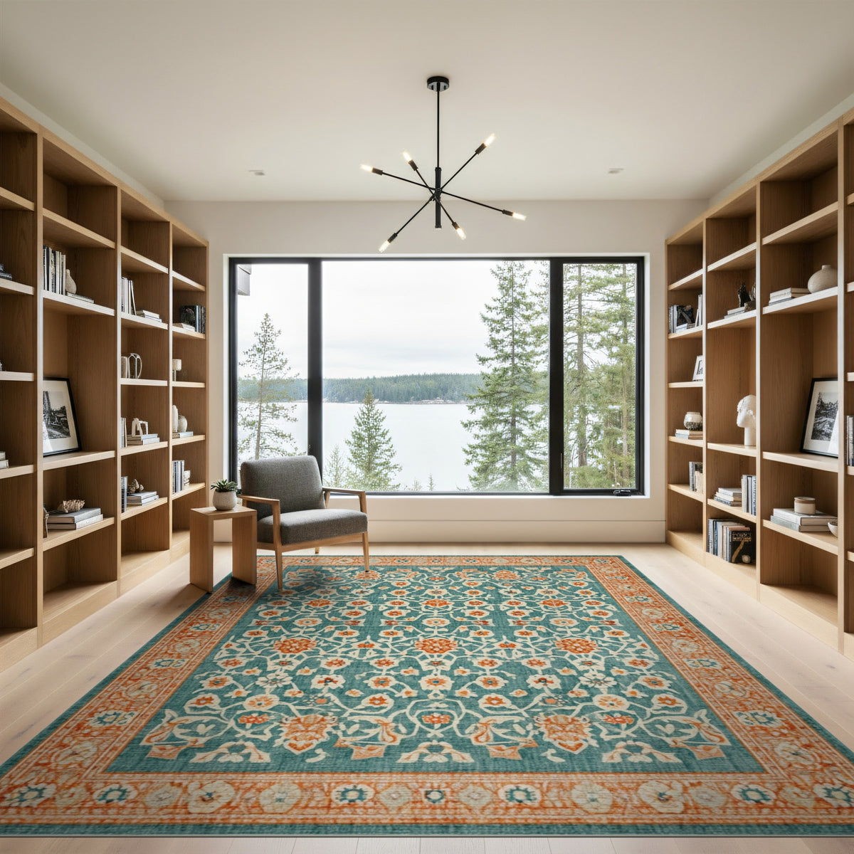 Teal Floral Vintage Area Rug with Orange Accents