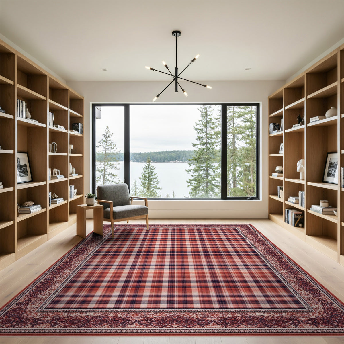 Red Plaid Vintage Border Area Rug