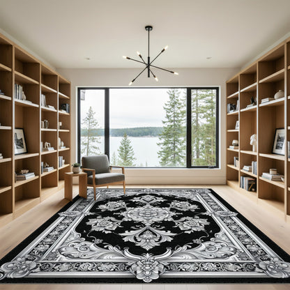 Black White Ornate Floral Vintage Rug