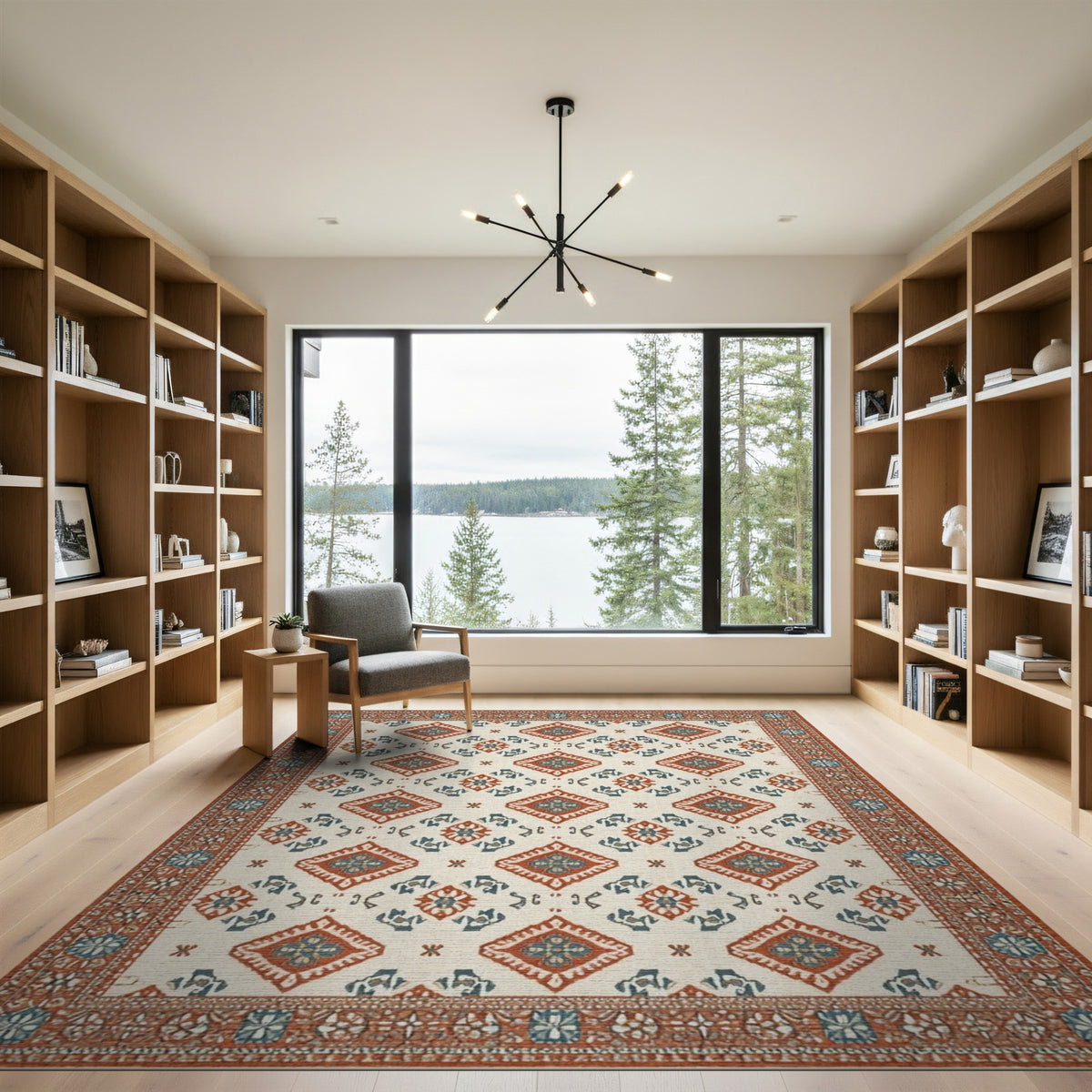 Beige Southwestern Area Rug with Red Teal Diamonds