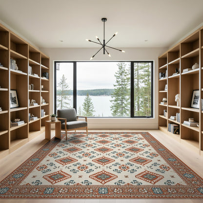 Beige Southwestern Area Rug with Red Teal Diamonds