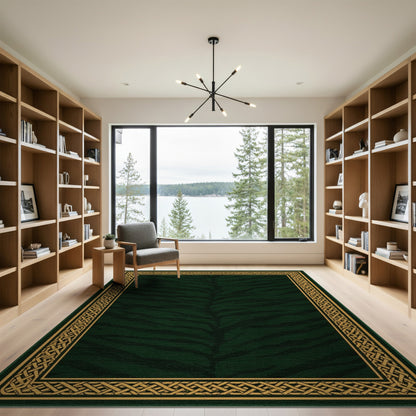 Dark Green Tiger Stripe Area Rug with Gold Border
