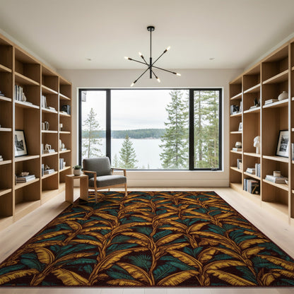Gold Teal Leaf Boho Area Rug