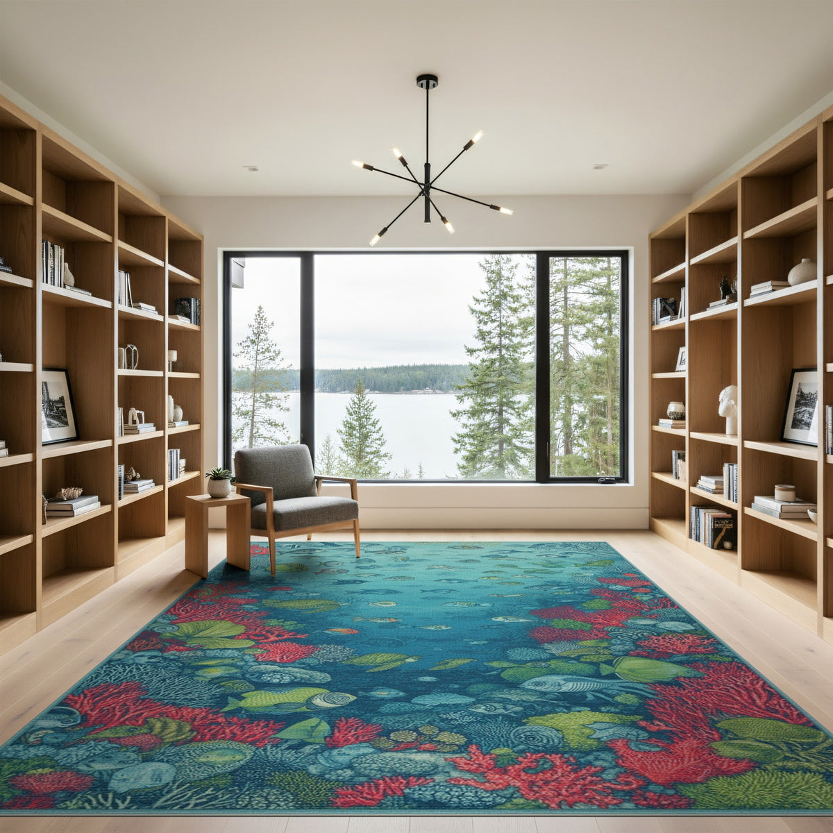 Blue and Teal Ocean Coral Reef Fish Area Rug